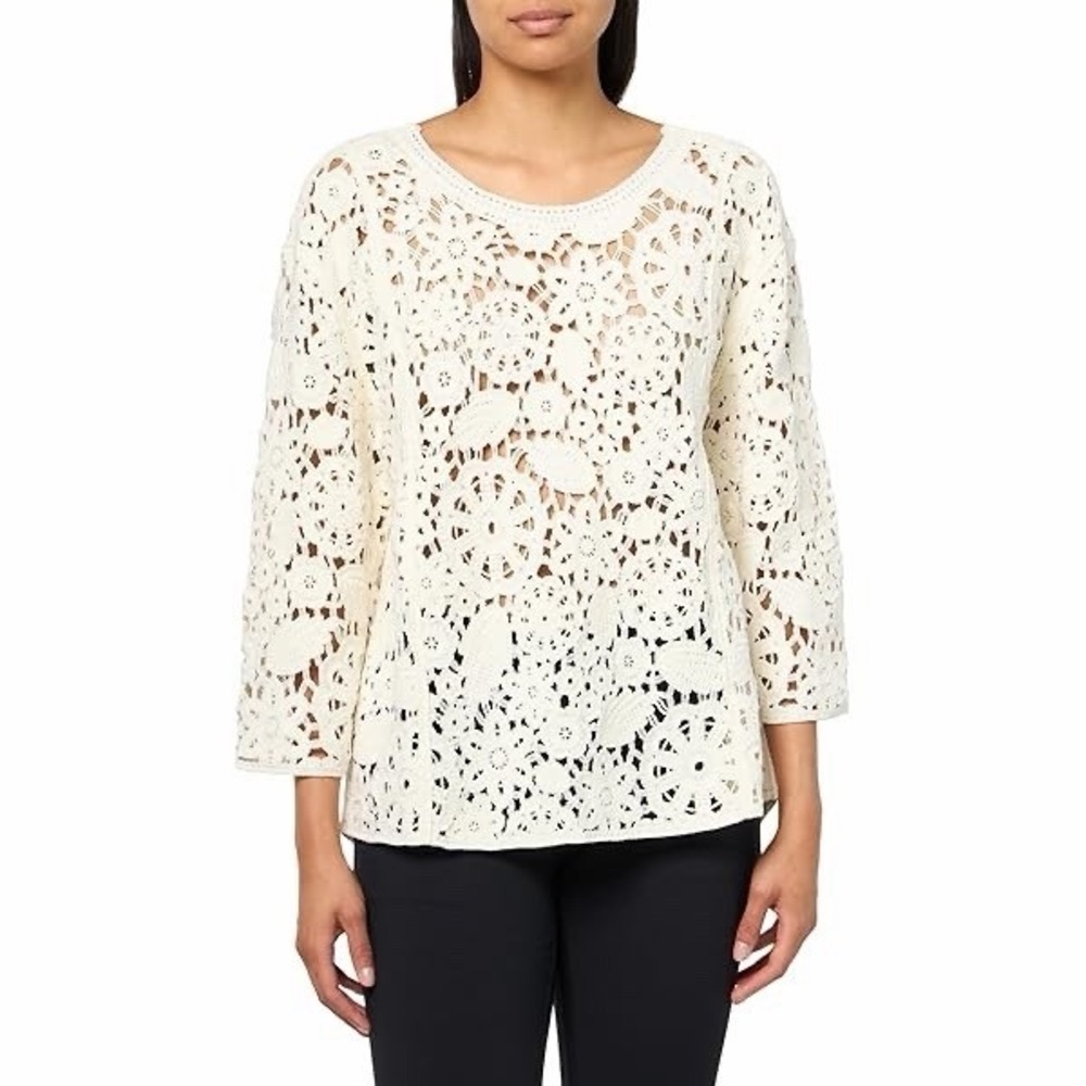 John Mark Sz M Open Knit Crochet Sweater Top‎ 3/4 Sleeve Ivory Coastal Bohemian